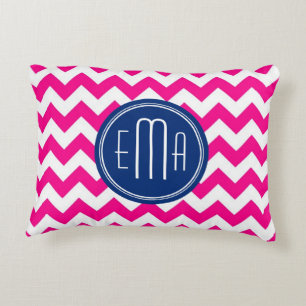 Roze witte en blauwe monogram Chevron Patroon Accent Kussen