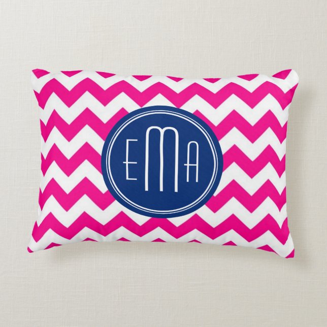 Roze witte en blauwe monogram Chevron Patroon Accent Kussen (Achterkant)
