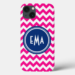 Roze witte en blauwe monogram Chevron Patroon iPhone 13 Hoesje