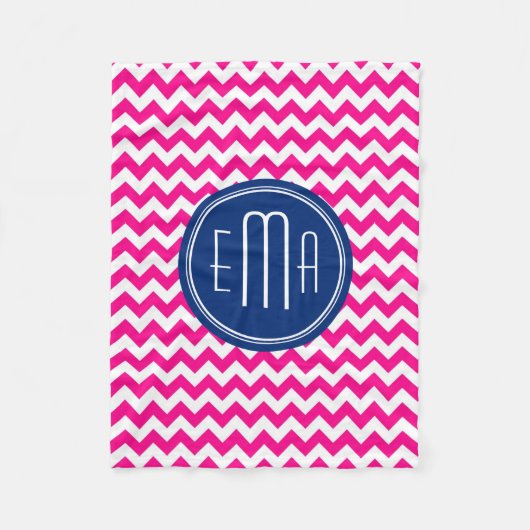 Roze witte en blauwe monogram Chevron Patroon Fleece Deken (Voorkant)
