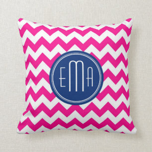 Roze witte en blauwe monogram Chevron Patroon Kussen