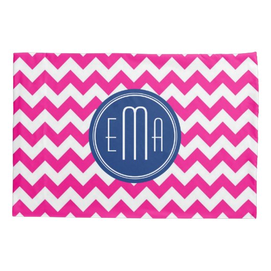 Roze witte en blauwe monogram Chevron Patroon Kussensloop (Achterkant)