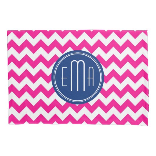 Roze witte en blauwe monogram Chevron Patroon Kussensloop (Voorkant)