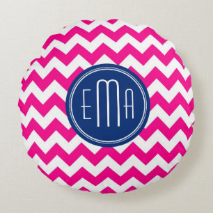 Roze witte en blauwe monogram Chevron Patroon Rond Kussen