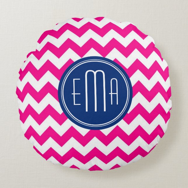 Roze witte en blauwe monogram Chevron Patroon Rond Kussen (Voorkant)