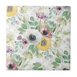 Roze, witte en gele anemonen. tegeltje