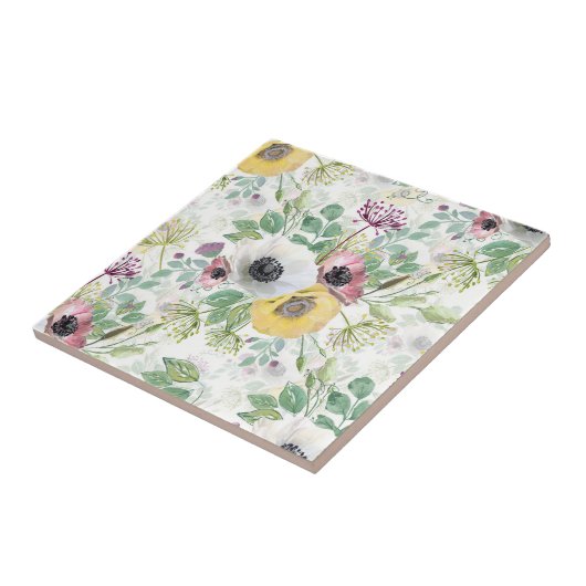 Roze, witte en gele anemonen. tegeltje (Zijkant)