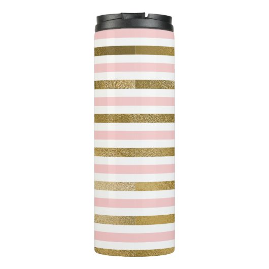 Roze, witte en gouden folie gestreept patroon mono thermosbeker (Achterkant)