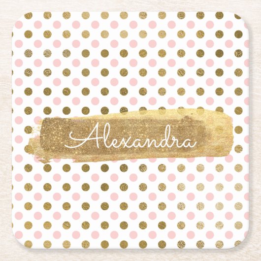 Roze, witte en gouden folie Polka Dot Naam Kartonnen Onderzetters (Voorkant)