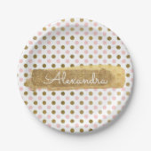Roze, witte en gouden folie Polka Dot & Stripe Papieren Bordje (Voorkant)