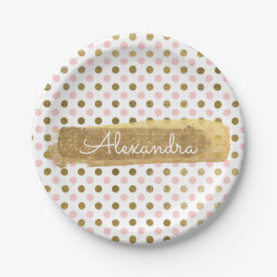 Roze, witte en gouden folie Polka Dot & Stripe Papieren Bordje