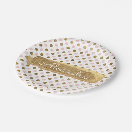 Roze, witte en gouden folie Polka Dot & Stripe Papieren Bordje (Gekanteld)