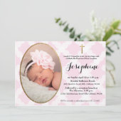 Roze Witte en Gouden Kruis Baby Meisje Doop Kaart (Staand voorkant)