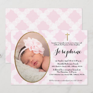 Roze Witte en Gouden Kruis Baby Meisje Doop Kaart