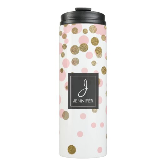 Roze, witte en goudfolie Confetti monogram Thermosbeker (Voorkant)