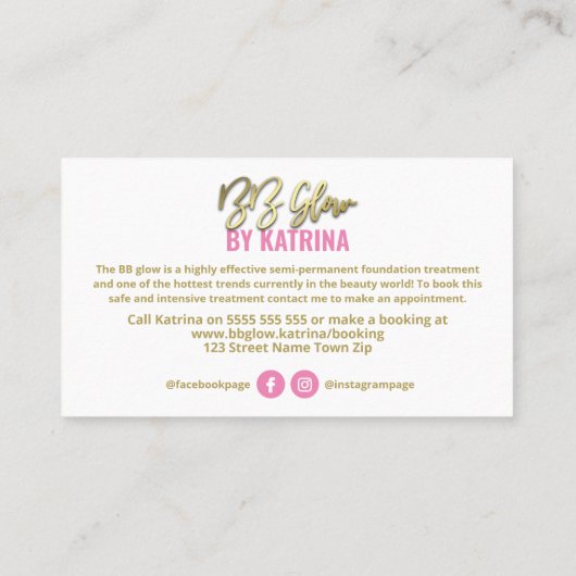 Roze witte en goudkleurige gloed-behandeling visitekaartje (Achterkant)