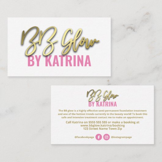 Roze witte en goudkleurige gloed-behandeling visitekaartje (Voorkant / Achterkant)