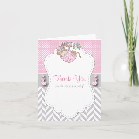 Roze, witte en grijze aap Baby shower Hartelijk da Bedankkaart (Voorkant)