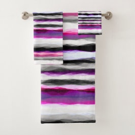 Roze, Witte en Grijze Abstracte Strepen Bad Handdoek