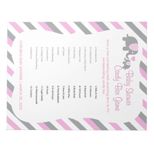 Roze, witte en grijze Baby shower met olifant - sp Notitieblok (Voorkant)