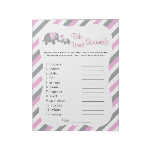 Roze, witte en grijze Baby shower Word Game Notitieblok (Linkerzijde)