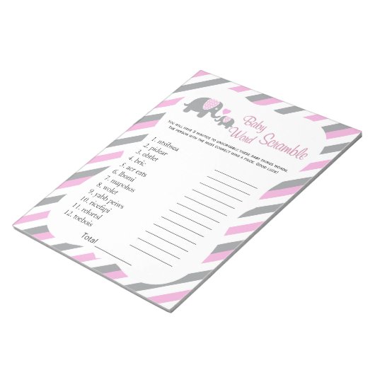 Roze, witte en grijze Baby shower Word Game Notitieblok (Schuin)