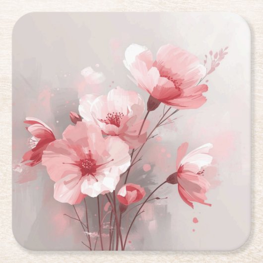 Roze, Witte, en Grijze Bloem Kartonnen Onderzetters (Voorkant)
