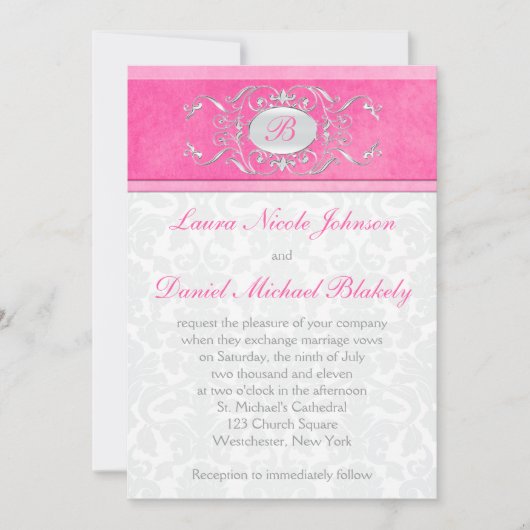 Roze, witte en grijze Damask Monogram Invite Kaart (Voorkant)