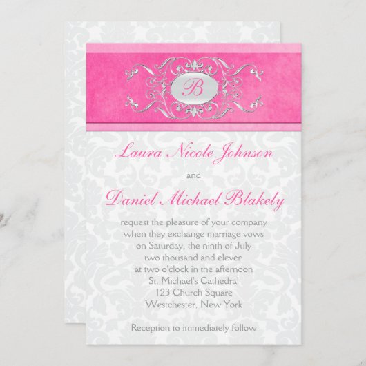Roze, witte en grijze Damask Monogram Invite Kaart (Voorkant / Achterkant)