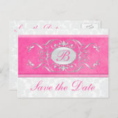 Roze, witte en grijze damast Save the Date Aankondigingskaart (Voorkant / Achterkant)