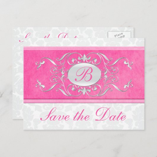Roze, witte en grijze damast Save the Date Aankondigingskaart (Voorkant / Achterkant)