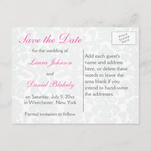 Roze, witte en grijze damast Save the Date Aankondigingskaart (Achterkant)