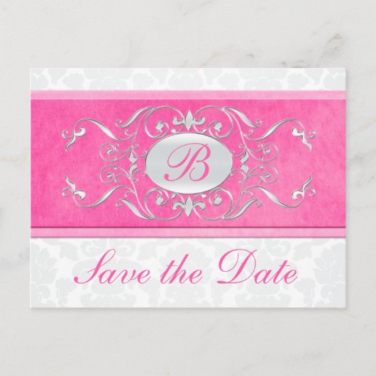 Roze, witte en grijze damast Save the Date Aankondigingskaart (Voorkant)
