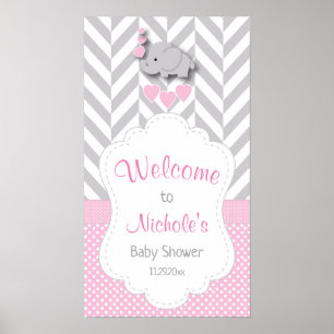 Roze, witte en grijze ellephant Baby shower Welkom Poster