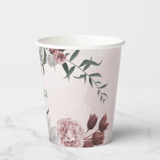 roze , witte en kaneel roos bloemen groenerpartij papieren bekers (Achterkant)