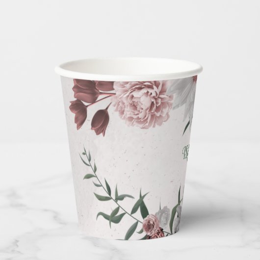 roze , witte en kaneel roos bloemen groenerpartij papieren bekers (Voorkant)