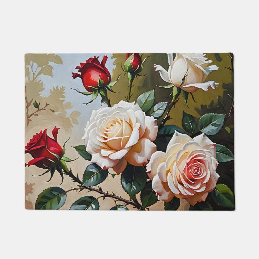  roze witte en rode rozen olieverfschilderij deurmat (Voorkant)