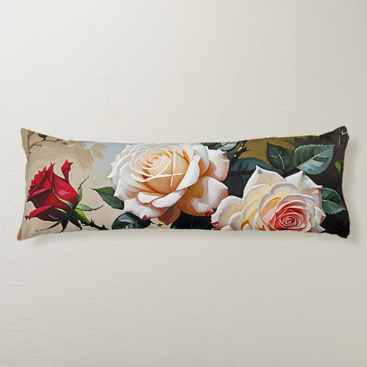 roze witte en rode rozen olieverfschilderij lichaamskussen (Voorkant)