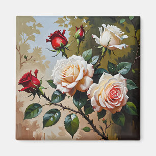 roze witte en rode rozen olieverfschilderij magneet