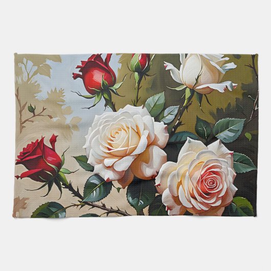roze witte en rode rozen olieverfschilderij theedoek (Horizontaal)