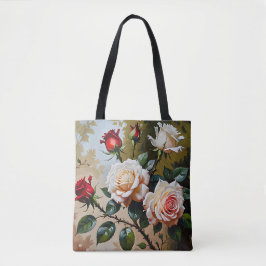 roze witte en rode rozen olieverfschilderij tote bag