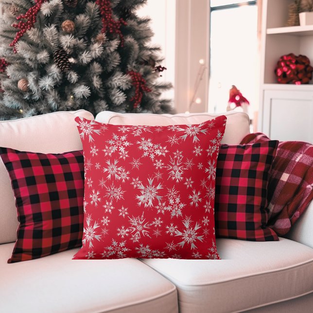 Roze, witte en zilverachtige snowflake kussen (Red, White and Silver Stylish Snowflake Throw Pillow)
