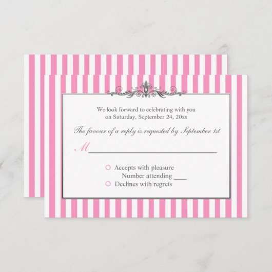 Roze, witte en zilverstripte reactiekaart RSVP kaartje (Voorkant / Achterkant)