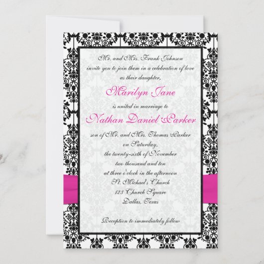 Roze, witte en zwarte Damask foto Weddenschap uitn Kaart (Achterkant)