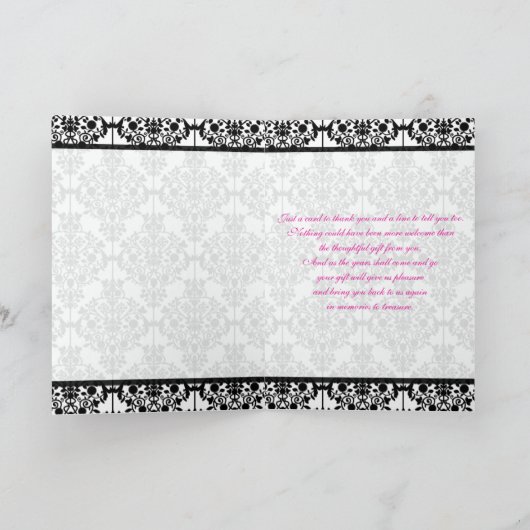 Roze, Witte en Zwarte Damast Bedankkaart (Binnen)