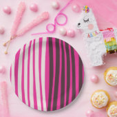 Roze witte en zwarte verticale strepen papieren bordje (Feest)