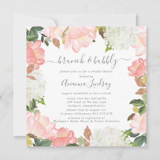 Roze witte flora botanische Brunch en bubelbaar Kaart (Voorkant)