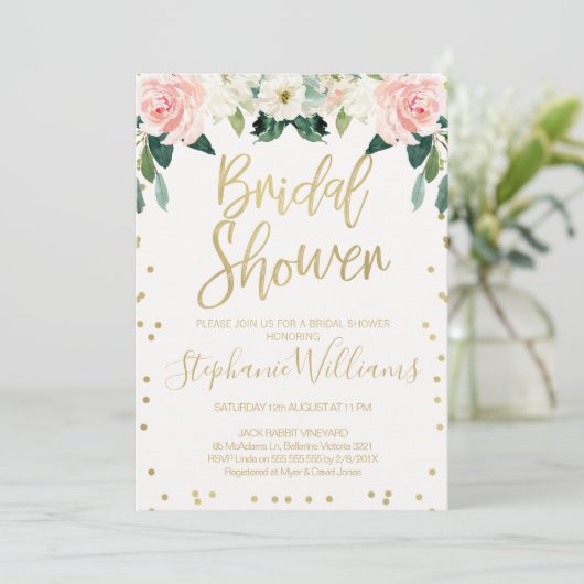 Roze witte flora Bridal Shower Uitnodiging (Staand voorkant)