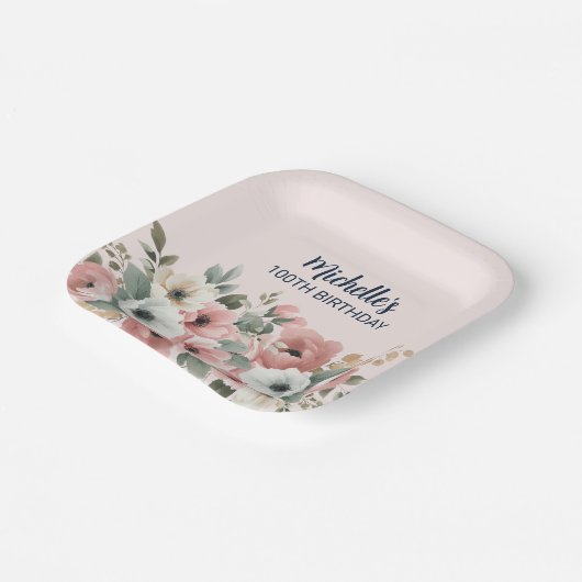 roze witte Floral 100e verjaardag Papieren Bordje (Gebogen)