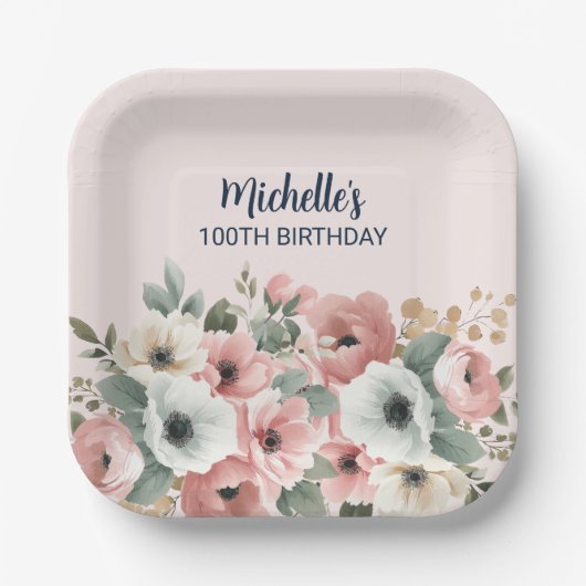  roze witte Floral 100e verjaardag Papieren Bordje (Voorkant)